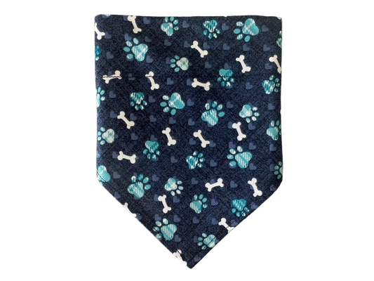 Paw Prints + Bones | Blue Plaid | Bandana